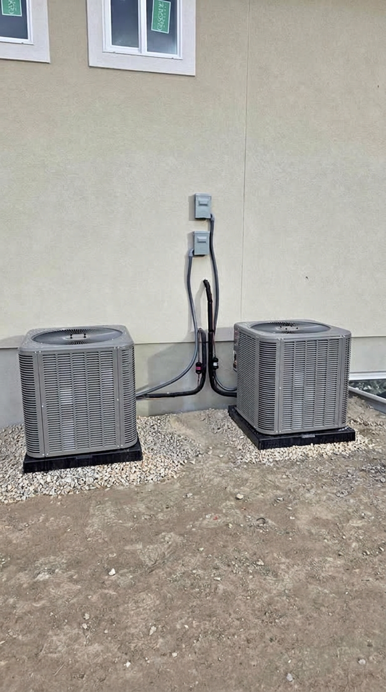 Clean modern outdoor air conditioning condenser beside a bright residential wall